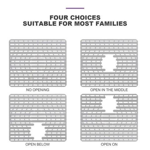 Four silicone sink mat protector options, non slip, PVC free, heat safe, 16x13 inches, for preventing scratches, easy clean.