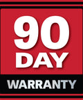 "90 Day Warranty" text on red label with black border.