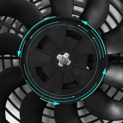 Beat The Heat Shop Grade 12 Inch Curved Electric Radiator Cooling Fan Push Pull Rig close-up view of fan blades and motor.