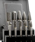 Carbide Burr Set 10 Pieces Half Inch Head Quarter Inch Shank Double Cut Rotary Burrs for Die Grinder and Drill in case