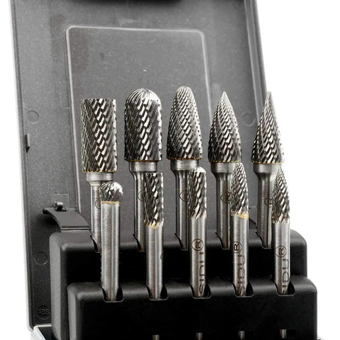 Carbide Burr Set 10 Pieces Half Inch Head Quarter Inch Shank Double Cut Rotary Burrs for Die Grinder and Drill in case