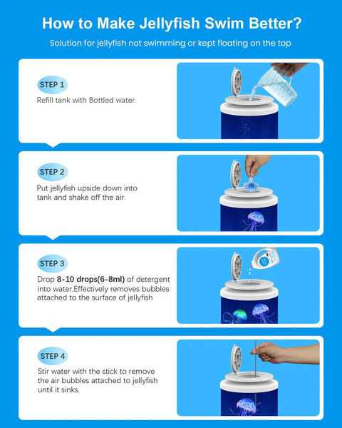 Instructions for jellyfish swim in Jellyfish Lamp Bluetooth Speaker With White Noise, 7 Color Changing Ocean Tank Light, 4 Modes.