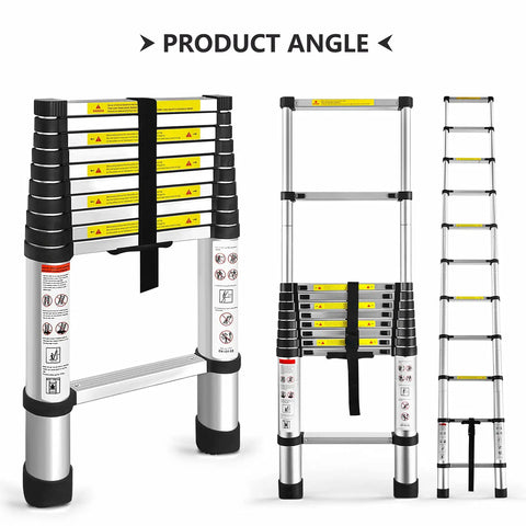 Multiple angles of 14.5 Ft Telescoping Aluminum Ladder With One Button Retractable Lock showing compact, extended forms.