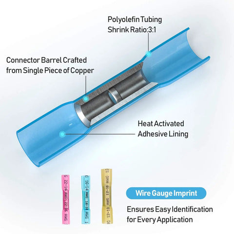 Cross-section view of Heavy Duty Heat Shrink Butt Connectors Crimp Wire Connectors Kit featuring tinned copper barrel and polyolefin tubing.
