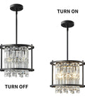 Dope Modern Black Crystal Chandelier For Foyer And Kitchen Island, Round Adjustable Height Pendant Light Fixture For Entryway, Sleek Crystal Bead Glow With Round Metal Frame showing on and off lighting.