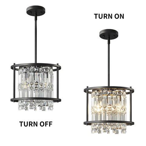 Dope Modern Black Crystal Chandelier For Foyer And Kitchen Island, Round Adjustable Height Pendant Light Fixture For Entryway, Sleek Crystal Bead Glow With Round Metal Frame showing on and off lighting.