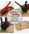Heavy Duty Electric Strapping Machine And Hydraulic Crimping Tool Set used to bundle boxes with PET straps on a cardboard package.