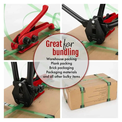 Heavy Duty Electric Strapping Machine And Hydraulic Crimping Tool Set used to bundle boxes with PET straps on a cardboard package.