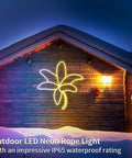 LED Neon Rope Light 9.8ft Flexible RGBIC Strip With Music Sync And DIY Design IP65 Waterproof on a cabin wall at night