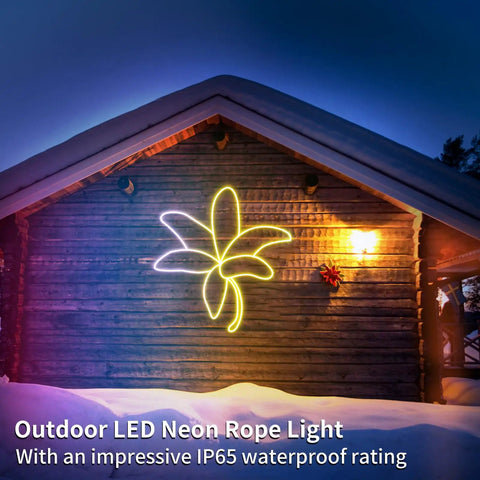 LED Neon Rope Light 9.8ft Flexible RGBIC Strip With Music Sync And DIY Design IP65 Waterproof on a cabin wall at night