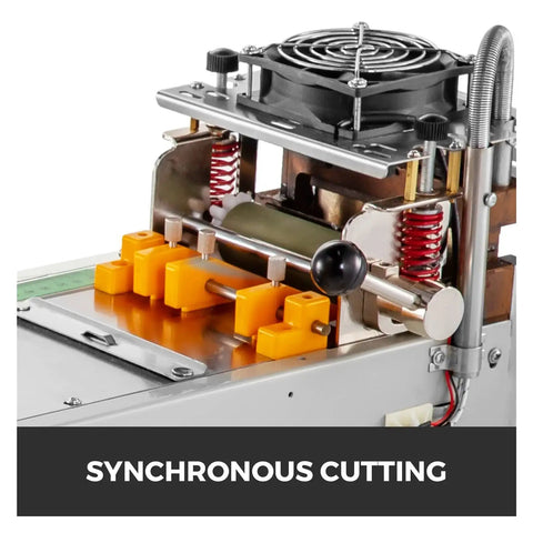 Close-up of AOXHUGB Automatic Computer Cloth Tape Cutter with hot cold knife mechanism and synchronous cutting features.
