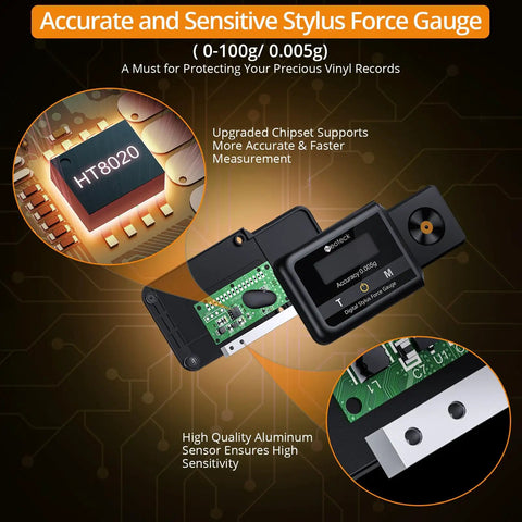 Digital Stylus Force Gauge For Turntables With 0.005g Resolution And 100g Capacity, ±0.015g Accuracy , Pro-Grade Non-Magnetic Tool For Fine-Tuning Cartridge Tracking, Dialed-In Sound Quality, And Reducing Record Wear., black digital scale with display and aluminum base