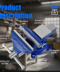Diagram of 8 Inch Heavy Duty Bench Vise With 360 Degree Swivel Base And Anvil, Rugged Ductile Iron Build For Home Shop, features labeled.