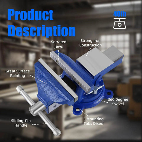 Diagram of 8 Inch Heavy Duty Bench Vise With 360 Degree Swivel Base And Anvil, Rugged Ductile Iron Build For Home Shop, features labeled.