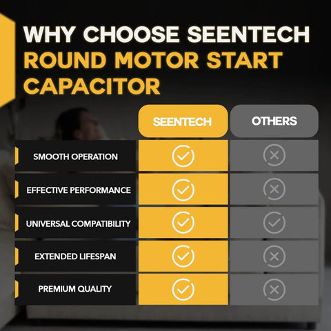 Comparison chart highlighting benefits of Seentech round motor start capacitor over others for smooth operation and performance.