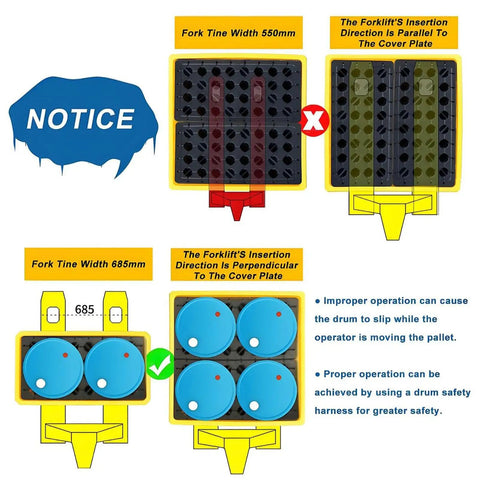Heavy Duty Chemical Spill Containment Tray With Modular HDPE Pallet Rack, forklift insertion guide with operation tips.