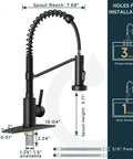 Black Kitchen Faucet With Pull Down Sprayer, Single Handle Sink Faucet, featuring measurements and installation options.
