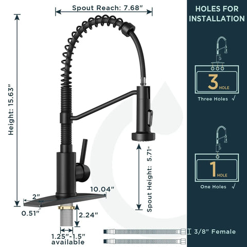 Black Kitchen Faucet With Pull Down Sprayer, Single Handle Sink Faucet, featuring measurements and installation options.