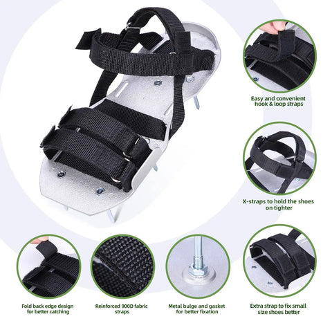 Aluminum Lawn Aerator Shoes With 2.2 Inch Spikes For Deep Core Aeration, Tough Metal Spiked Sandals with adjustable straps in use