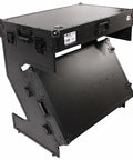 Hardcore Portable Compact Flight Case Table Built For Mobile DJs And Gig Crews Featuring Tough Handles Easy Glide Wheels Glossy Black Top Red TSA Lock Kit, opened view