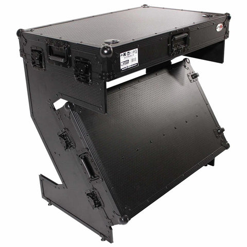 Hardcore Portable Compact Flight Case Table Built For Mobile DJs And Gig Crews Featuring Tough Handles Easy Glide Wheels Glossy Black Top Red TSA Lock Kit, opened view