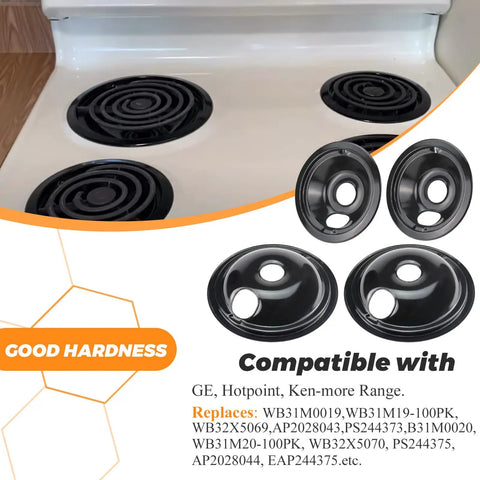 Porcelain Drip Pan Set For GE Hotpoint Electric Range Cooktop, 4 Pack With 2 Six Inch And 2 Eight Inch Black Drip Pans