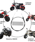 50 Inch Mini Bike Throttle Cable Replacement with mini bike compatibility chart showing models like Coleman CT200U and Baja Warrior MB200.