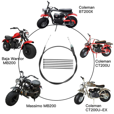 50 Inch Mini Bike Throttle Cable Replacement with mini bike compatibility chart showing models like Coleman CT200U and Baja Warrior MB200.