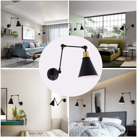 Two Light Dimmable Industrial Wall Sconce With On Off Switch Edison Vintage Style Swing Arm Lamp in various room settings
