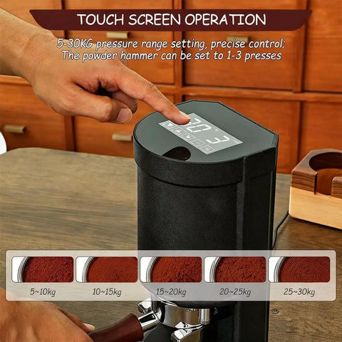User adjusts touch screen on 58 Millimeter Electric Coffee Tamper Delivers Calibrated Pressure Control And Non Stick Surface For No Sweat Operation And Smooth Pulls Every Time You Fire Up The Machine.