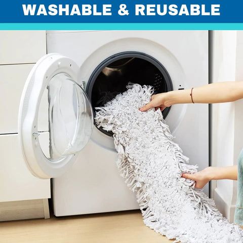 Person placing a washable mop pad into a washing machine for cleaning, emphasizing the reusable feature.
