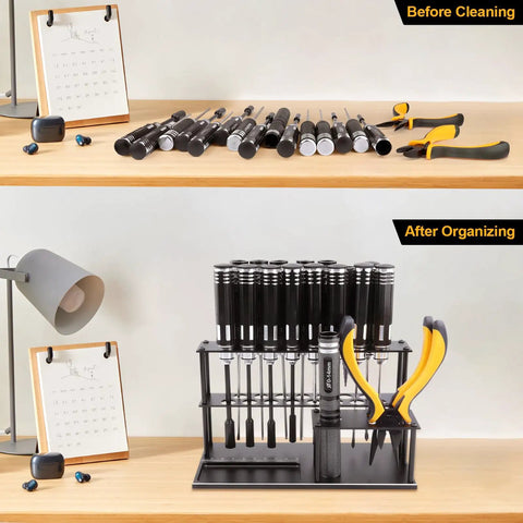 Image showing the transformation from a cluttered workbench to organized tools using the Unassembled DIY Ready RC Tool Organizer.