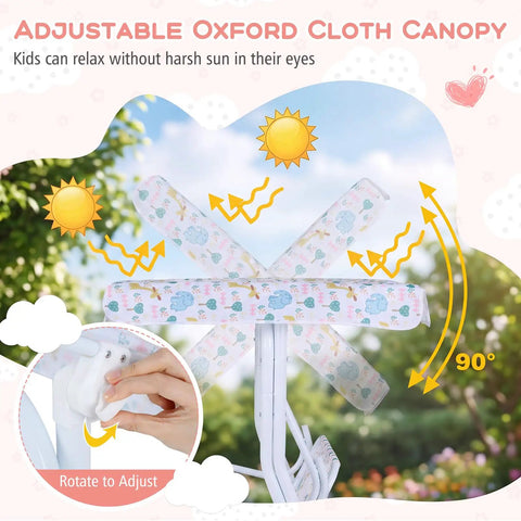 Adjustable Oxford cloth canopy of two-seater kids patio swing with white elephant pattern in sunny garden