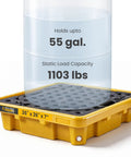 Single Drum Spill Containment Workstation For 55 Gallon Drum Low Profile Spill Pallet With Drain 26 By 26 By 7 Inches HDPE Yellow Platform