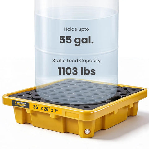Single Drum Spill Containment Workstation For 55 Gallon Drum Low Profile Spill Pallet With Drain 26 By 26 By 7 Inches HDPE Yellow Platform