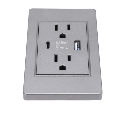 Heavy Duty Decora Outlet, 15A Dual Socket With Integrated USB C Port, Rugged PC Construction, sleek gray wall plate.