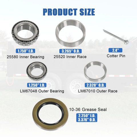 Front view diagram: boat trailer axle bearings kit with inner bearing 1.750 in ID, grease seal 2.250 in ID/3.376 in OD.