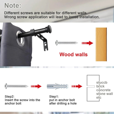 Installation guide for Heavy Duty Curtain Rod Set For Windows 28 To 50 Inches Five Eighth Inch Diameter Matte Black With Brackets.