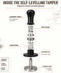 Inside view of the Straight Up Pro 54mm Espresso Accessories Kit Self-Leveling Tamper with ergonomic handle and stainless base.