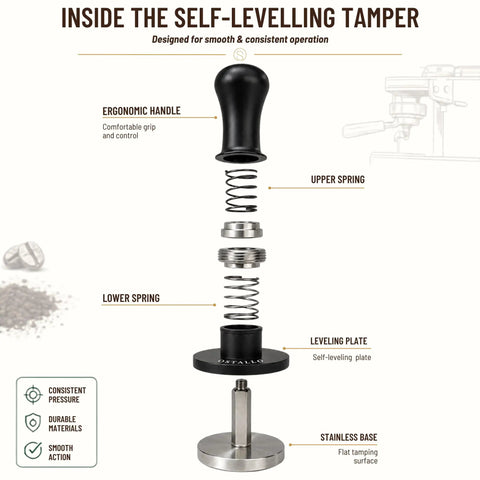 Inside view of the Straight Up Pro 54mm Espresso Accessories Kit Self-Leveling Tamper with ergonomic handle and stainless base.