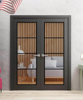 Double Swing Interior French Doors With Glass Solid Wood Build Hardware Included 60 By 80 Inches Black Modern Style No Fuss Install Set With Frames And Trims For A Smooth Roomy Look installed in living room