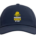 Navy Blue Adjustable Printed Five Panel Baseball Hat For Warehouse Workers, Pallet Crew, One Size Fits Most, front view.