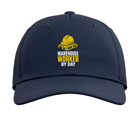 Navy Blue Adjustable Printed Five Panel Baseball Hat For Warehouse Workers, Pallet Crew, One Size Fits Most, front view.