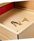 Set Of 25 Solid Brass Concealed Barrel Hinges For Jewelry Boxes And Small Cabinets on wooden drawer surface