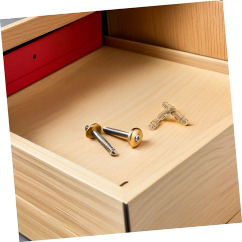 Set Of 25 Solid Brass Concealed Barrel Hinges For Jewelry Boxes And Small Cabinets on wooden drawer surface