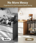 Rustic Brown Four Tier Coffee Cart With Smooth Locking Casters And Deep Pod Tray That Cuts Counter Clutter shown in organized kitchen space.