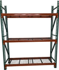 Built Tough Teardrop Pallet Rack Frame With Center Reinforcing Rib And Impact Resistant Columns 24 Inch Deep By 96 Inch Tall in green and orange.