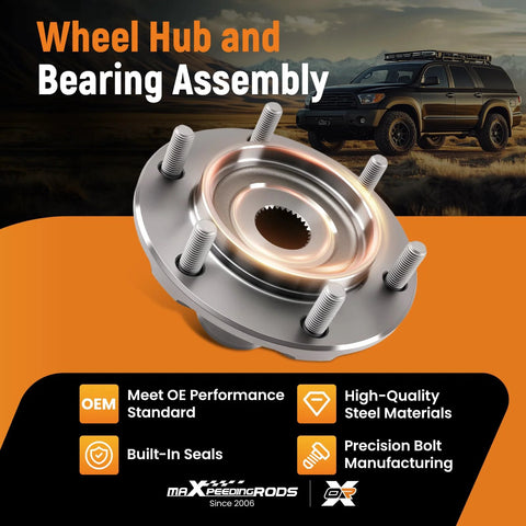 Bolt-On Front Wheel Bearing And Hub Assembly For Toyota Tundra 2000-2006, Tacoma 1999-2004, Sequoia 2001-2007, And 4Runner 1996-2001 2WD 6 Lug Replaces 710571 ABS On Hub Durable Front Hub Bearing For Smooth Rides showing front view with steel material and precision bolts in front of a parked Toyota vehicle.