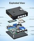 Exploded view of No Fuss Fanless Firewall Mini Pc Packed With Intel J3710 Chips And Four Rock Solid Gigabit Lan Ports MSATA SSD Slot And AES NI Encryption Built Right For Network Gateway.