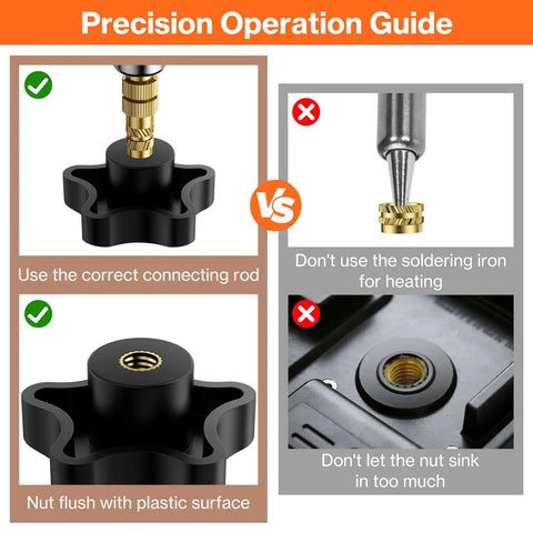 Heat Set M3 Threaded Inserts Kit With 60W Digital Soldering Iron 360Pcs usage guide showing correct and incorrect methods